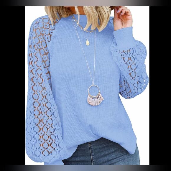 Miholl Blue balloon sleeve, beautiful top.with lace sleeve, and zipper back - Picture 3 of 8